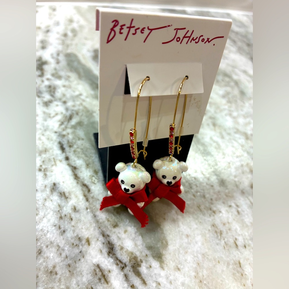 Betsey Johnson White Bear Earrings with Red Bows - Picture 1 of 4